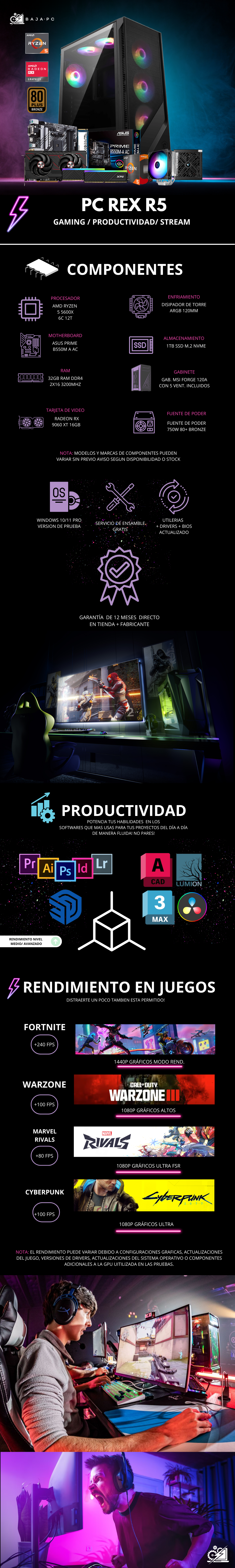 PC REX R5 / AMD RYZEN 5 5600X / RADEON RX 9060 XT/ 32GB RAM / 1TB SSD NVME / DISIPADOR DE TORRE  / B550M / WIFI / BLUETOOTH / FUENTE 750W 80+ BRONZE / W11 PRO / PROMOCION