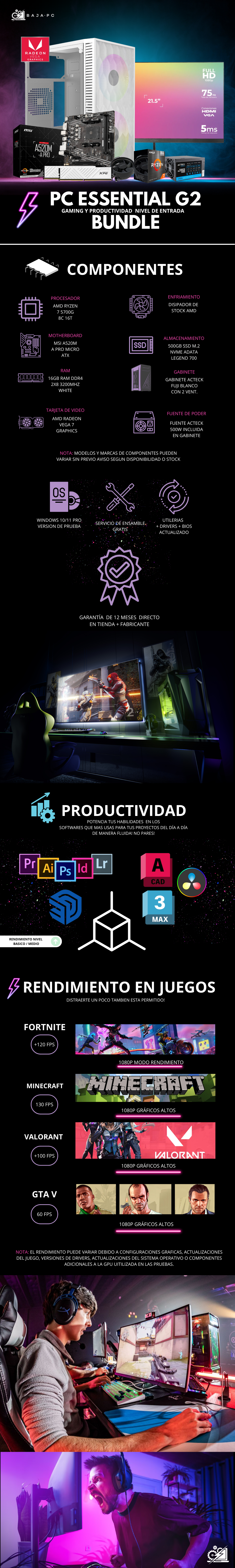 PC ESSENTIAL G2 / AMD RYZEN 7 5700G / RADEON VEGA 7 / 16GB RAM / 500GB SSD M.2 NVME / FUENTE 500W /INLCUYE MONITOR 21.5" FHD 75HZ / INCLUYE KIT TECLADO Y MOUSE/ PROMOCION