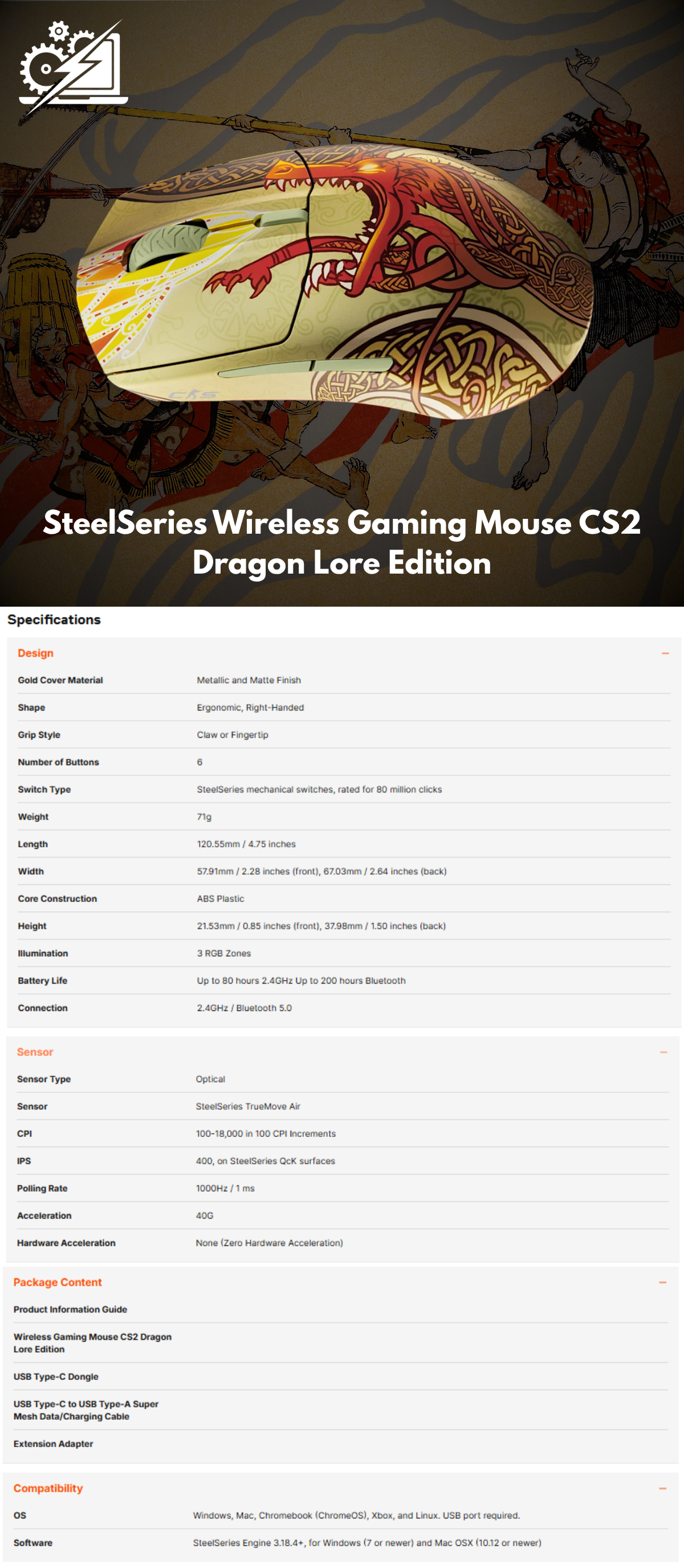 SteelSeries - Mouse inalámbrico para Juegos CS2 Dragon Lore Edition — Counter-Strike — 2.4GHz y Bluetooth — Sensor óptico de Aire TrueMove de 18K dpi — Batería de hasta 200 HR 