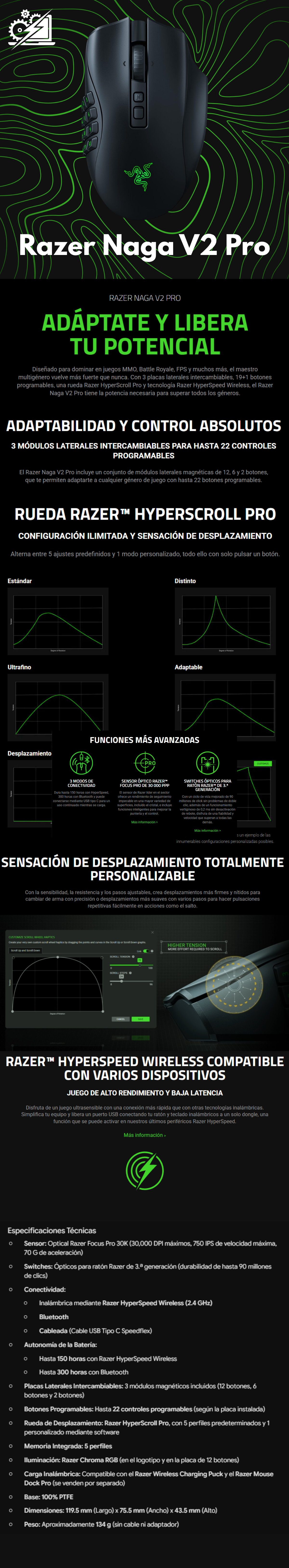 Razer Naga V2 Pro - Mouse Gamer Inalámbrico MMO | 19+1 botones programables con 3 placas laterales intercambiables, rueda HyperScroll Pro, sensor óptico Focus Pro 30K
