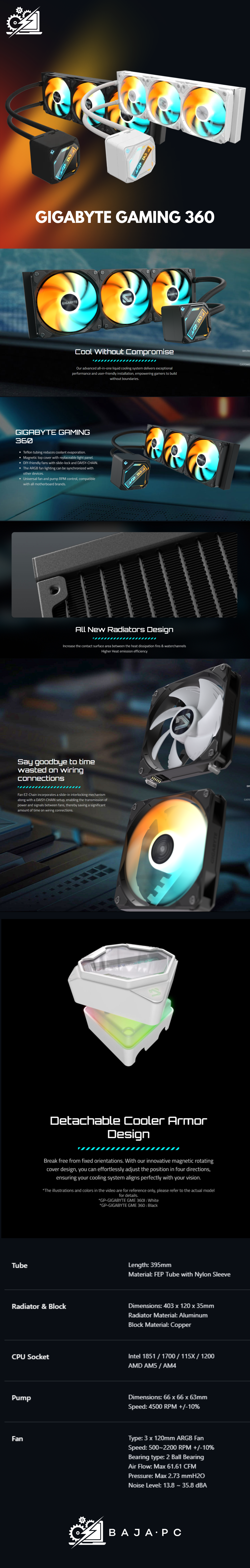 Enfriamiento GIGABYTE GAMING 360 ICE / 360mm / Ventiladores ARGB / Compatible con Intel LGA1851 y AMD AM5 / Blanco 