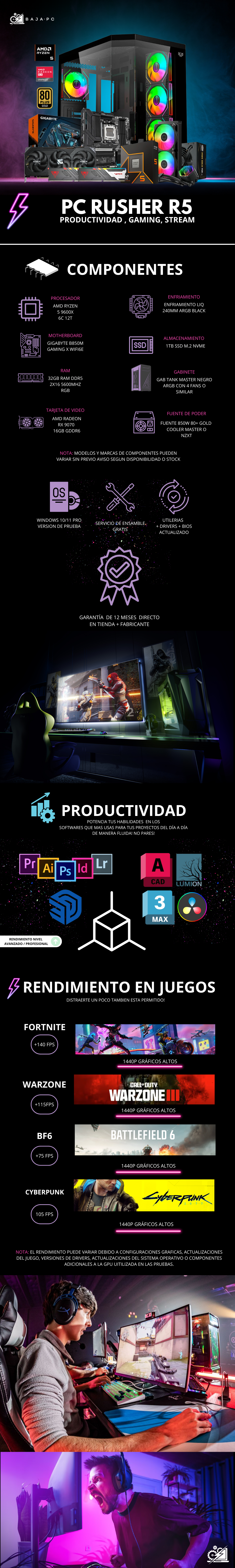 PC RUSHER R5 / AMD RYZEN 5 9600X / RADEON RX 9070 16GB / 32GB RAM DDR5 / 1TB SSD NVME / ENFRIAMIENTO LIQ 240MM / FUENTE 850W 80+ GOLD / W11 PRO / PROMOCION