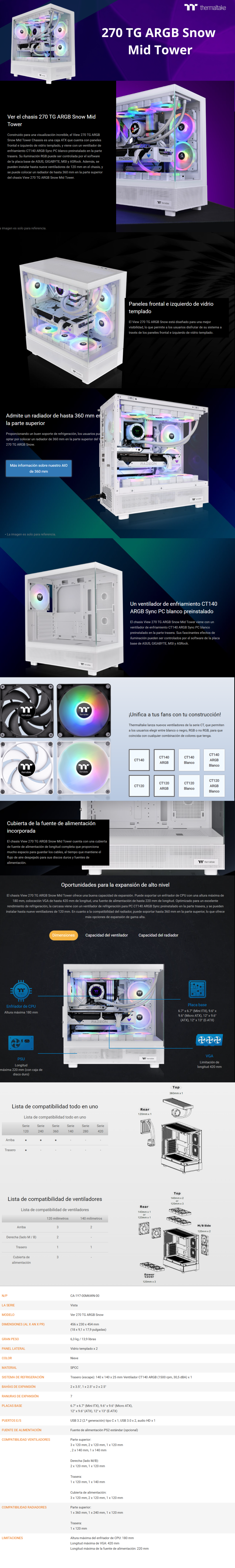 Gabinete THERMALTAKE CA-1Y7-00M6WN-01/ View 270 TG ARGB Plus Snow Mid Tower / Blanco