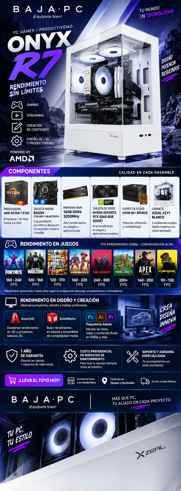 PC ONYX R7 / AMD RYZEN 7 5700 / RTX 5060 / 16GB RAM / 1TB SSD NVME / DISIPADOR DE TORRE 120MM / FUENTE 650W 80+ BRONZE / WIFI Y BT / W11 PRO / PROMOCION