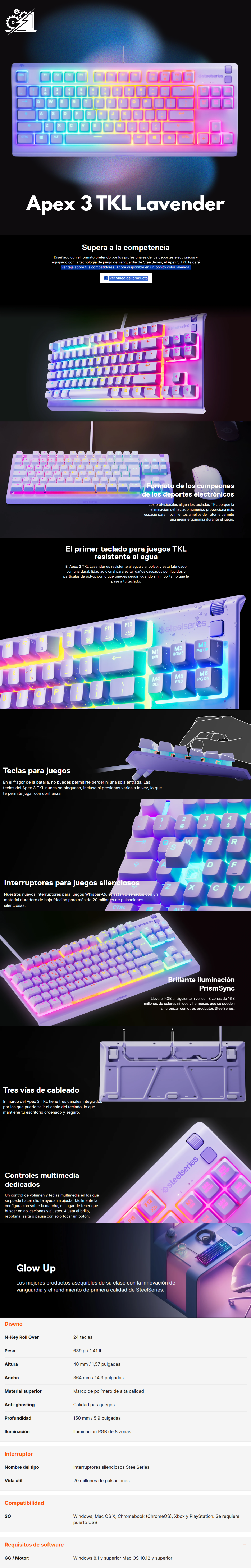SteelSeries Apex 3 TKL Lavender RGB Gaming Keyboard — Tenkeyless Compact Form Factor — 8-Zone RGB Illumination — Water and Dust Resistant — Whisper-Quiet Gaming Switch