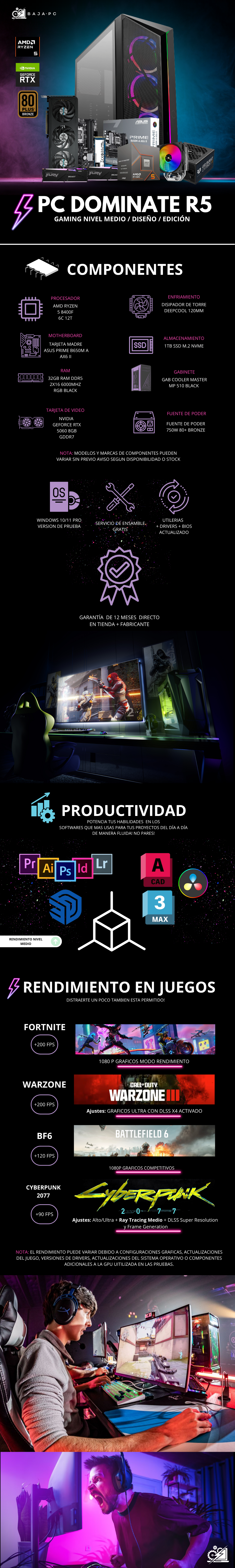 PC DOMINATE R5 / AMD RYZEN 8400F / RTX 5060 / 32GB RAM DDR5 / 1TB SSD NVME / DISIPADOR DE TORRE / FUENTE 750W 80+ BRONZE / B650M / WIFI / BT / W11 PRO /PROMOCION