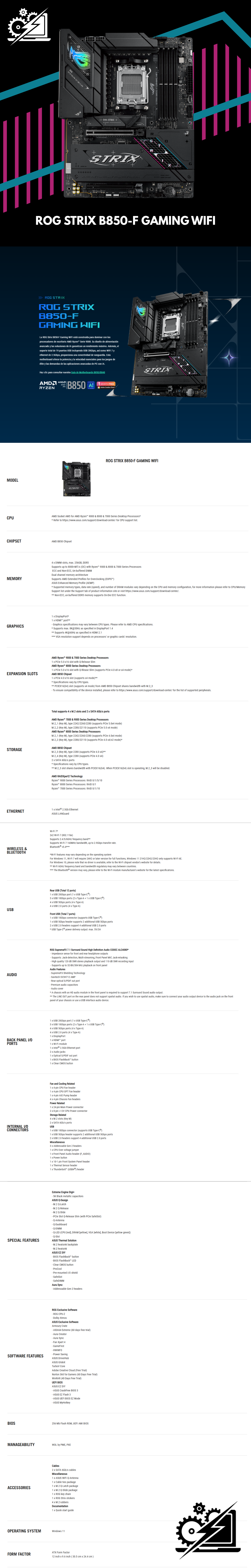 Tarjeta Madre ASUS ROG STRIX B850-F GAMING WIFI / ATX / AM5 / AMD B850 / Up to 192GB DDR5 / HDMI/DP / ROG STRIX B850-F GAMING WIFI 