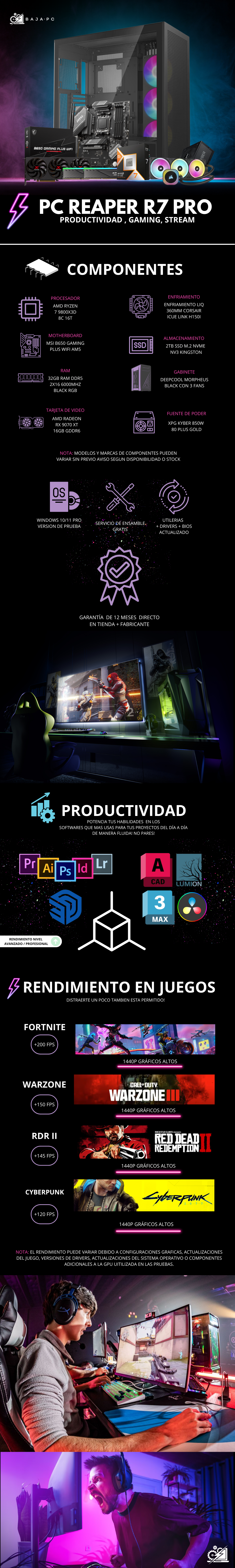 PC REAPER R7 PRO / AMD RYZEN 7 9800X3D / RADEON RX 9070 XT / 32GB RAM DDR5 / 2TB SSD NVME / ENFRIAMIENTO LIQ 360MM / FUENTE 850W 80+ GOLD / PROMOCION