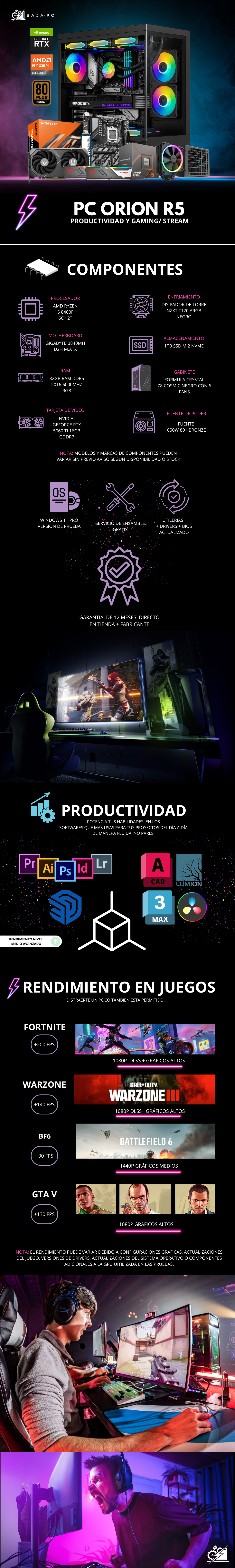 PC ORION R5 / AMD RYZEN 5 8400F / RTX 5060 TI 16G / 32GB RAM DDR5 / 1TB SSD NVME / DISIPADOR DE TORRE ARGB / FUENTE 650W 80+ BRONZE / W11 PRO / PROMOCION