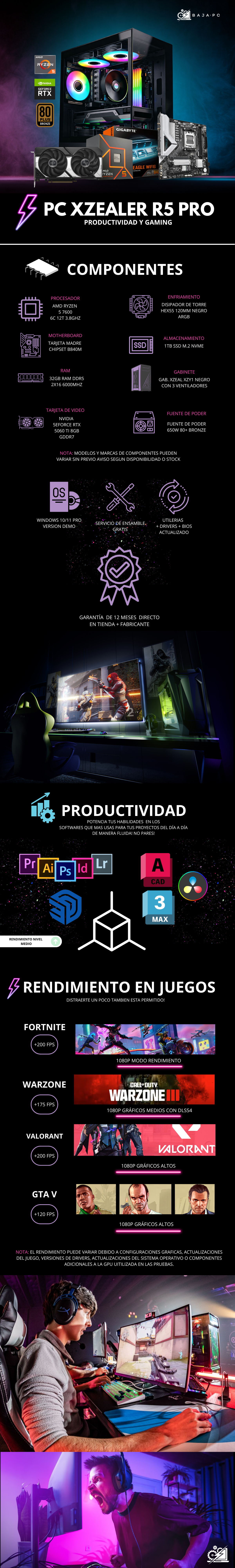 PC XZEALER R5 PRO / AMD RYZEN 5 7600 / RTX 5060 TI / 32GB RAM DDR5 / 1TB SSD NVME / DISIPADOR DE TORRE ARGB / FUENTE 650W 80+ BRONZE / W11 PRO / PROMOCION