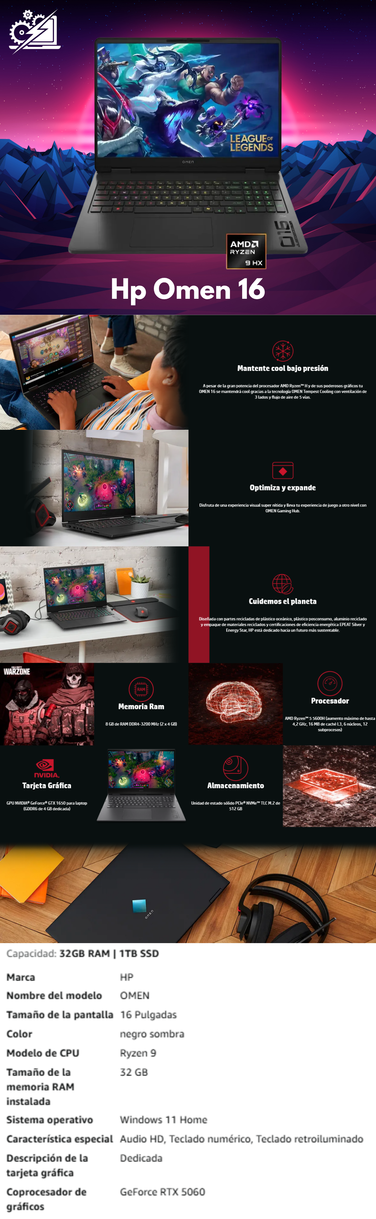 Hp Omen 16 2k 144hz Ryzen 9 8940hx 32gb Rtx 5060 1tb Ssd Shadow Black