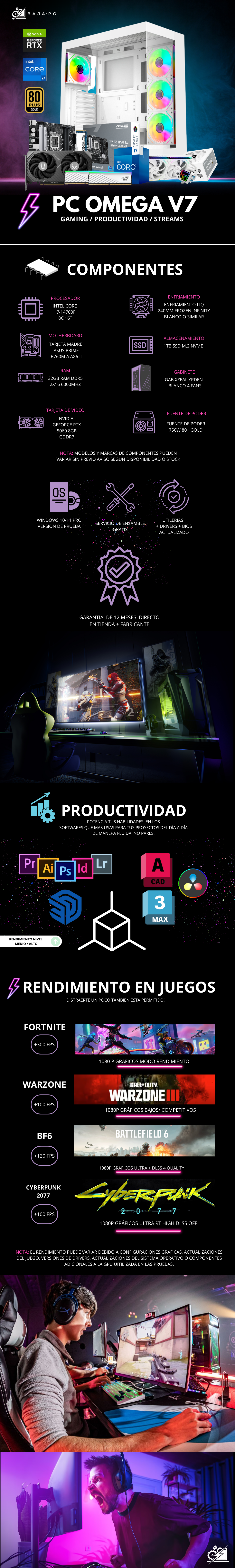 PC OMEGA V7 / INTEL CORE I7-14700F / RTX 5060 / 32GB RAM DDR5 / 1TB SSD NVME / ENFRIAMIENTO LIQ 240MM / FUENTE 750W 80+ GOLD / B760M / W11 PRO / PROMOCION