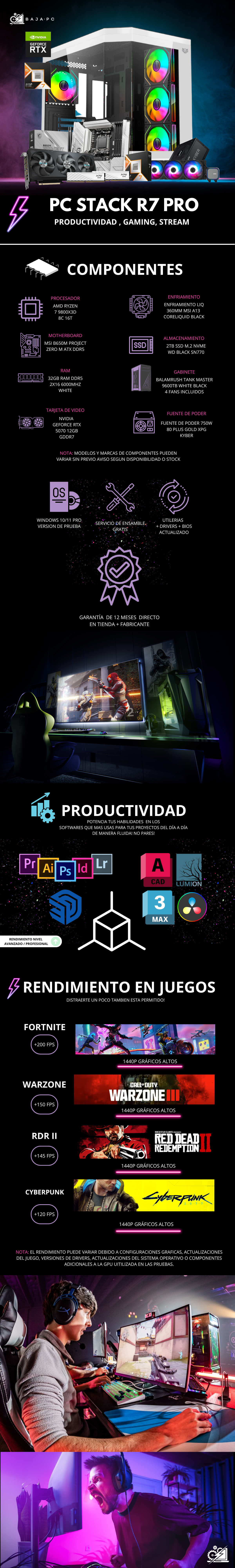 PC STACK R7 PRO / AMD RYZEN 7 9800X3D / RTX 5070 12GB / 32GB RAM DDR5 / 2TB SSD NVME / ENFRIAMIENTO LIQ 360MM / FUENTE 750W 80+ GOLD / PROMOCION