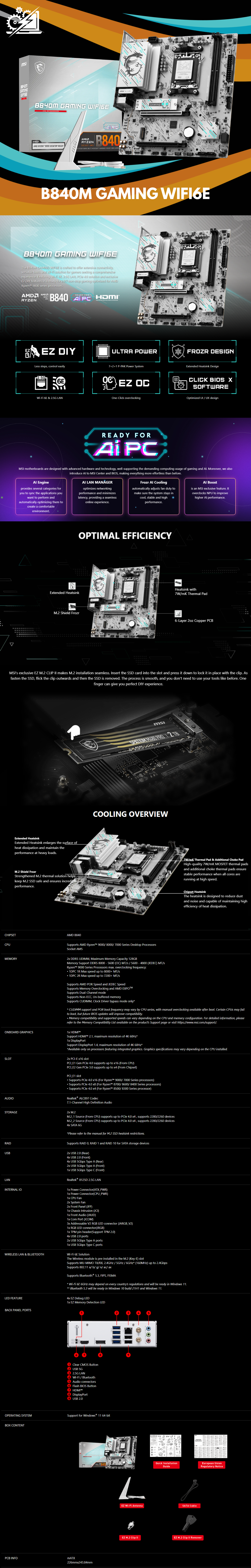 Tarjeta Madre MSI B840M Gaming WIFI6E / Micro-ATX / AM5 / AMD B840 / Up to 128GB DDR5 / HDMI/DP / B840M GAMING WIFI6E