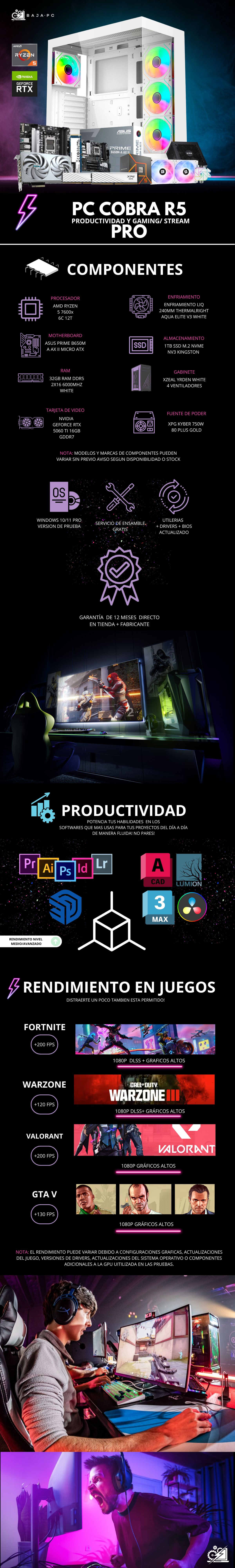 PC COBRA R5 PRO / AMD RYZEN 5 7600X / RTX 5060 TI / 32GB RAM DDR5 / 1TB SSD NVME / ENFRIAMIENTO LIQ 240MM / FUENTE 750W 80+ GOLD / PROMOCION