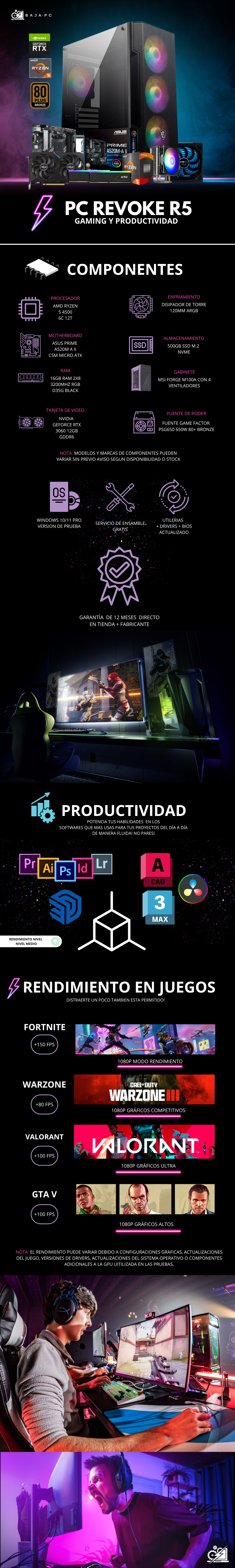 PC REVOKE R5 / AMD RYZEN 5 4500 / RTX 3060 / 16GB RAM / 500GB SSD NVME / DISIPADOR DE TORRE / FUENTE 650W 80+ BRONZE / PROMOCION