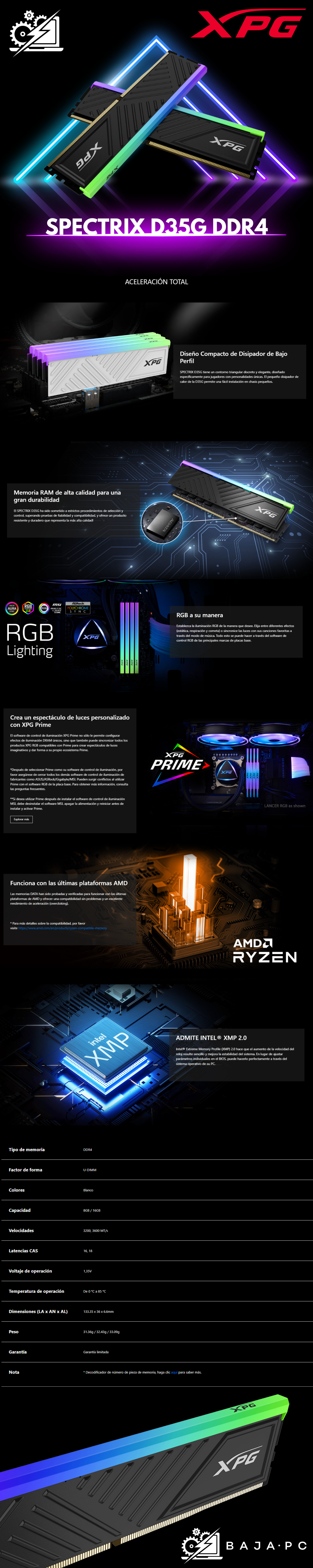 Memoria RAM XPG Spectrix D35G RGB DDR4 / 3200MHz / 16GB / Non-ECC / CL16 / XMP / Black / AX4U320016G16A-SBKD35G