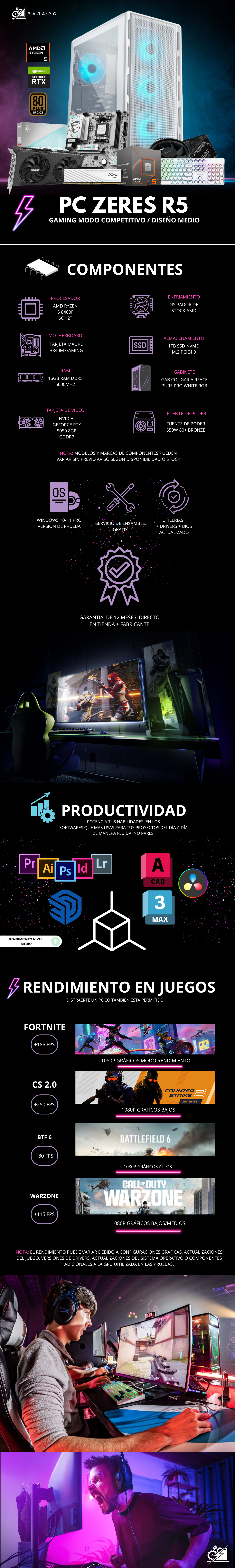 PC ZERES R5 / AMD RYZEN 5 8400F / RTX 5050 / 16GB RAM DDR5 / 1TB SSD NVME / B840M / WIFI / BLUETOOTH / FUENTE 650W 80+ BRONZE / W11 PRO / PROMOCION