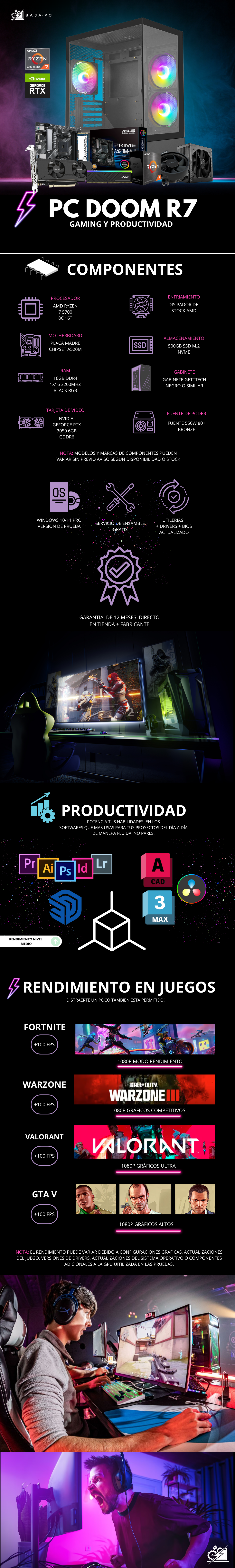 PC DOOM R7 / AMD RYZEN 7 5700 / RTX 3050 / 16GB RAM / 500GB SSD NVME / FUENTE 550W 80+ BRONZE / PROMOCION