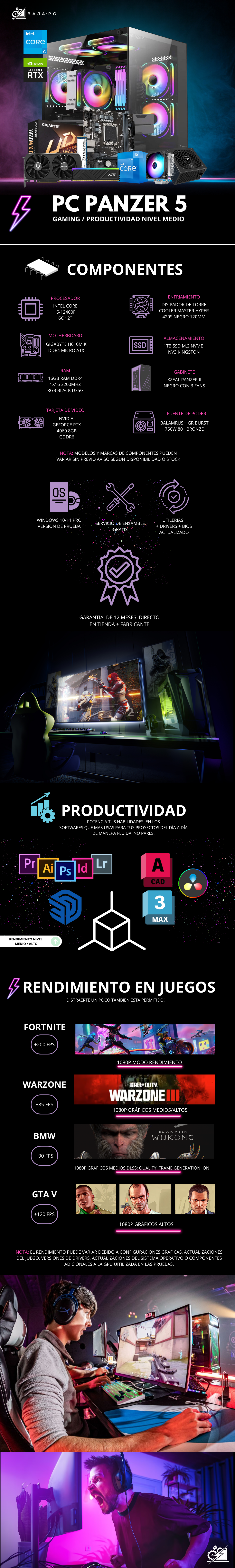 PC PANZER 5 / INTEL CORE I5-12400F / RTX 4060 / 16GB RAM / 1TB SSD M.2 NVME / DISIPADOR DE TORRE ARGB / FUENTE 750W 80+ BRONZE / PROMOCION