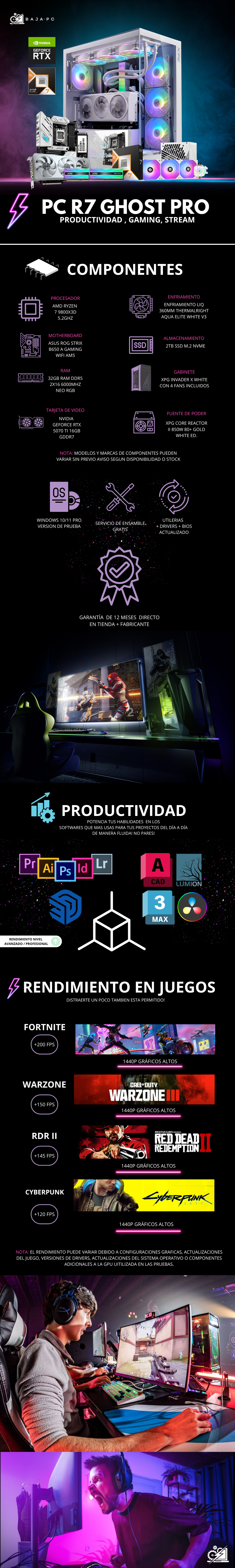 PC R7 GHOST PRO / AMD RYZEN 7 9800X3D / RTX 5070 TI / 32GB RAM DDR5 / 2TB SSD NVME / ENFRIAMIENTO LIQ 360MM / FUENTE 850W 80+ GOLD / PROMOCION