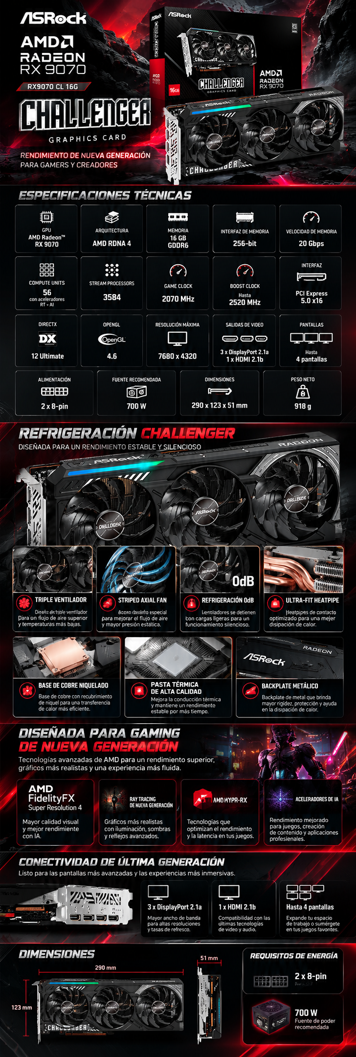 Tarjeta de Video ASRock AMD Radeon RX 9070 Challenger, 16GB 256-bit GDDR6, PCI Express x16 5.0