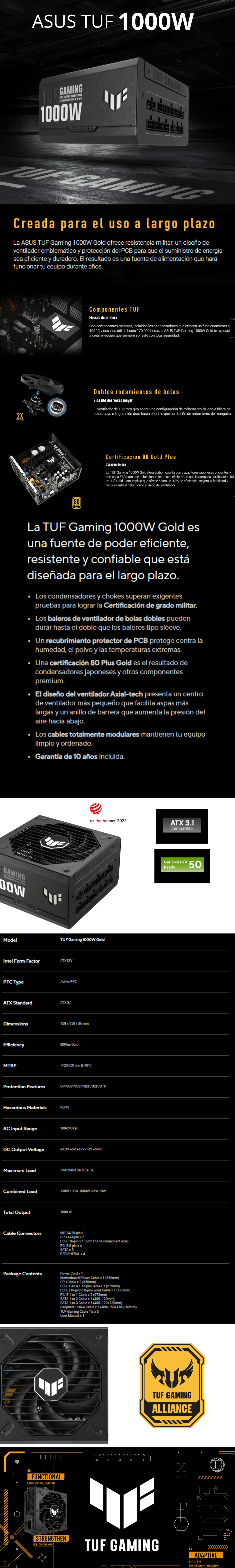 Fuente de Poder ASUS TUF Gaming 1000G 80+ Gold / Modular / 20+4 pin ATX / 135mm / 1000W / TUF-GAMING-1000G