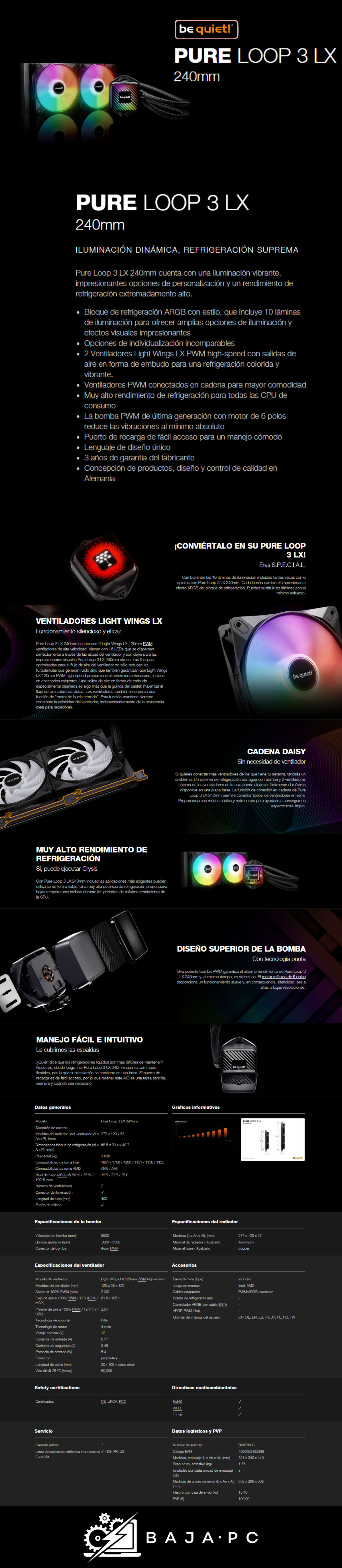 ENFRIAMIENTO LÍQUIDO BE QUIET! PURE LOOP 3 LX  / 2X120MM / NEGRO RGB/ BW030US