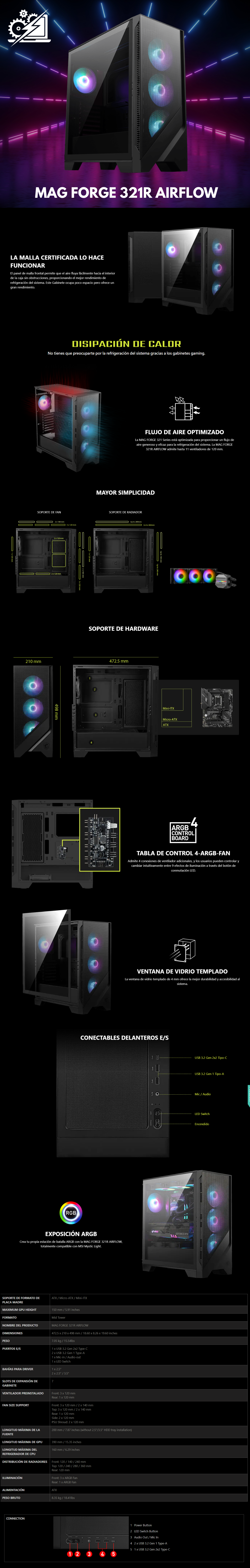 Gabinete MSI MAG FORGE 321R AIRFLOW / RGB / Midi-Tower, ATX/Micro-ATX/ITX / USB 3.2 / 4 Ventiladores ARGB Instalados / Negro / MAG FORGE 321R AIRFLOW