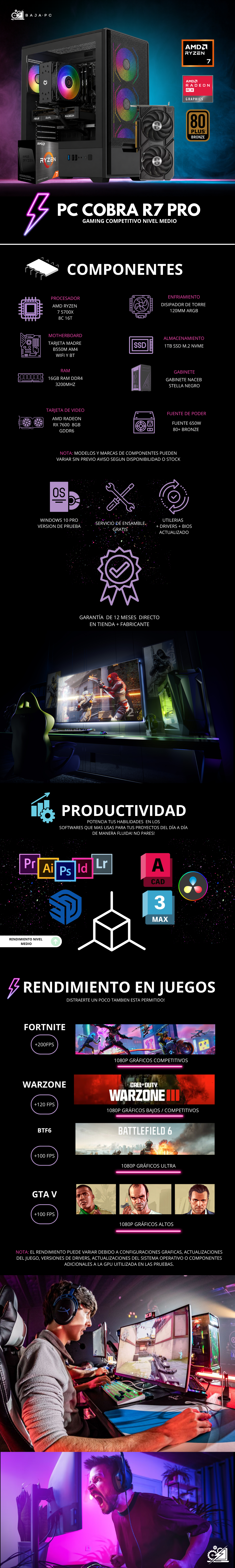 PC COBRA PRO R7 / AMD RYZEN 7 5700X / RADEON RX 7600 / 16GB RAM / 1TB SSD NVME / DISIPADOR DE TORRE 120MM / FUENTE 650W 80+ BRONZE/ W11 PRO / PROMOCION