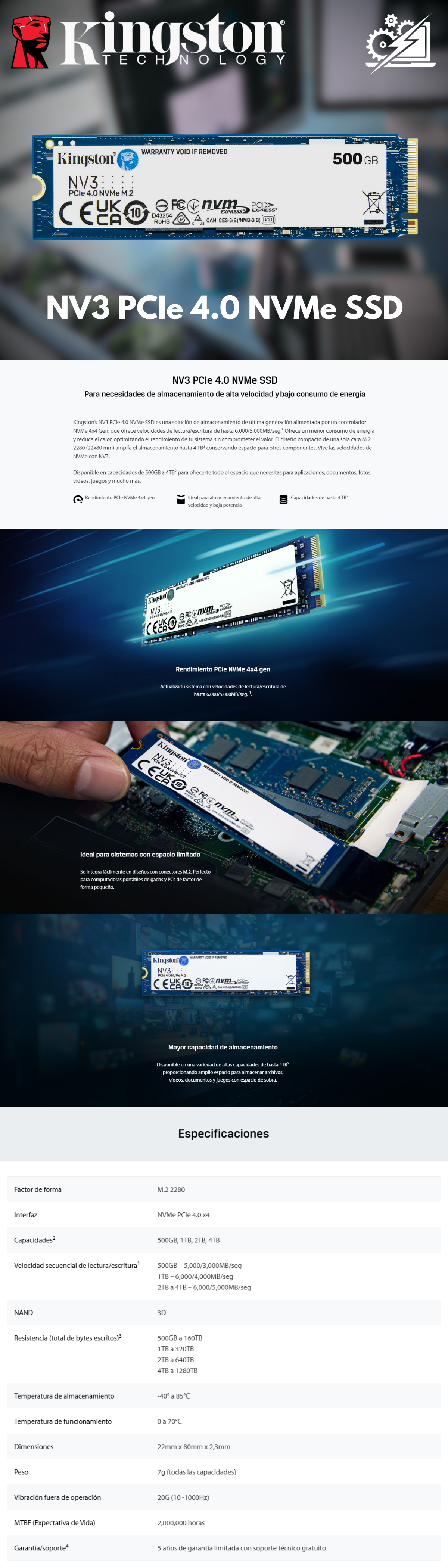 Unidad de Estado Sólido SSD Kingston SNV3S NVMe / 500GB / PCI Express 4.0 / 5,000MB/3,000MB / M.2 / SNV3S/500G
