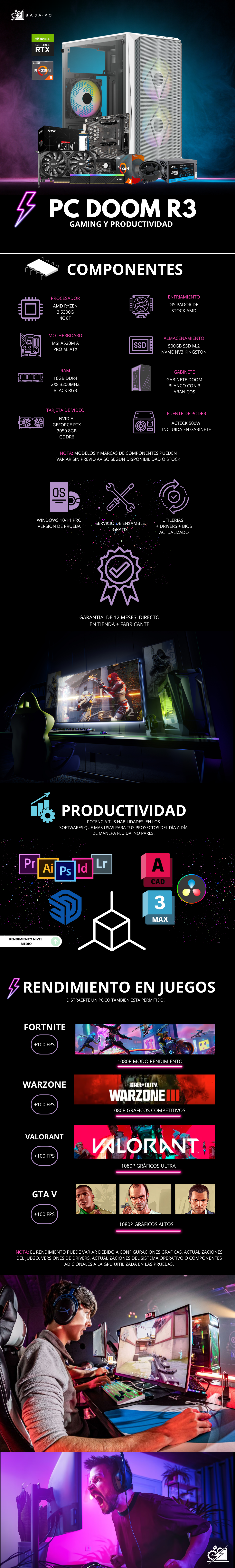 PC DOOM R3 / AMD RYZEN 3 5300G / RTX 3050 / 16GB RAM / 500GB SSD NVME / FUENTE 500W / DISIPADOR DE STOCK / PROMOCION