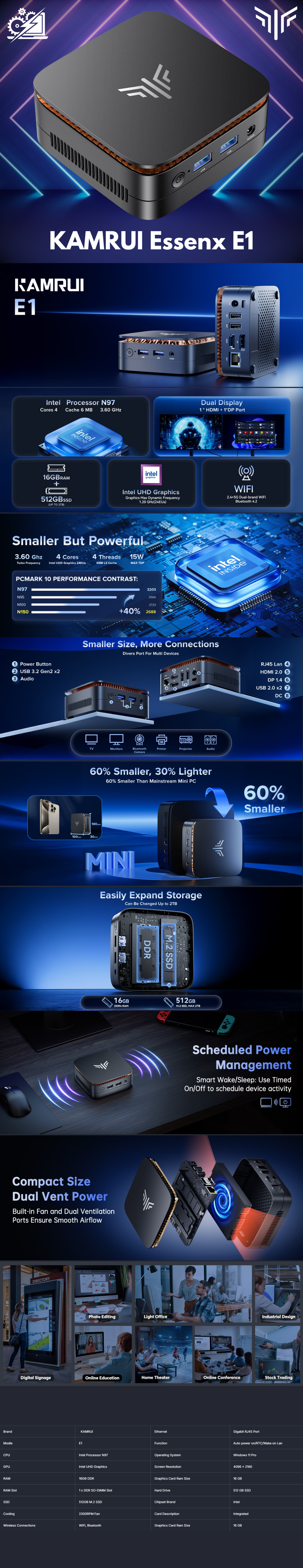 MINI PC KAMRUI Essenx E1 con procesador N97, 16 GB de RAM DDR4, SSD M.2 de 256 GB, compatible con doble pantalla 4K, WiFi, Bluetooth, Ethernet, HTPC para empresas, educación y hogar