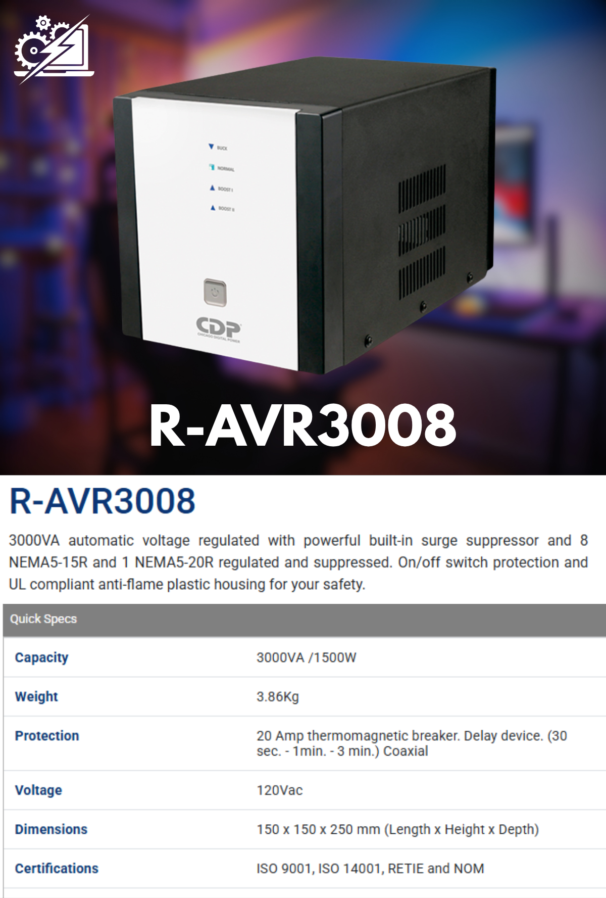 Regulador CDP 3008, 1.5kW, 3.000VA, Entrada 95 - 150V, Salida 120V, 8 Salidas