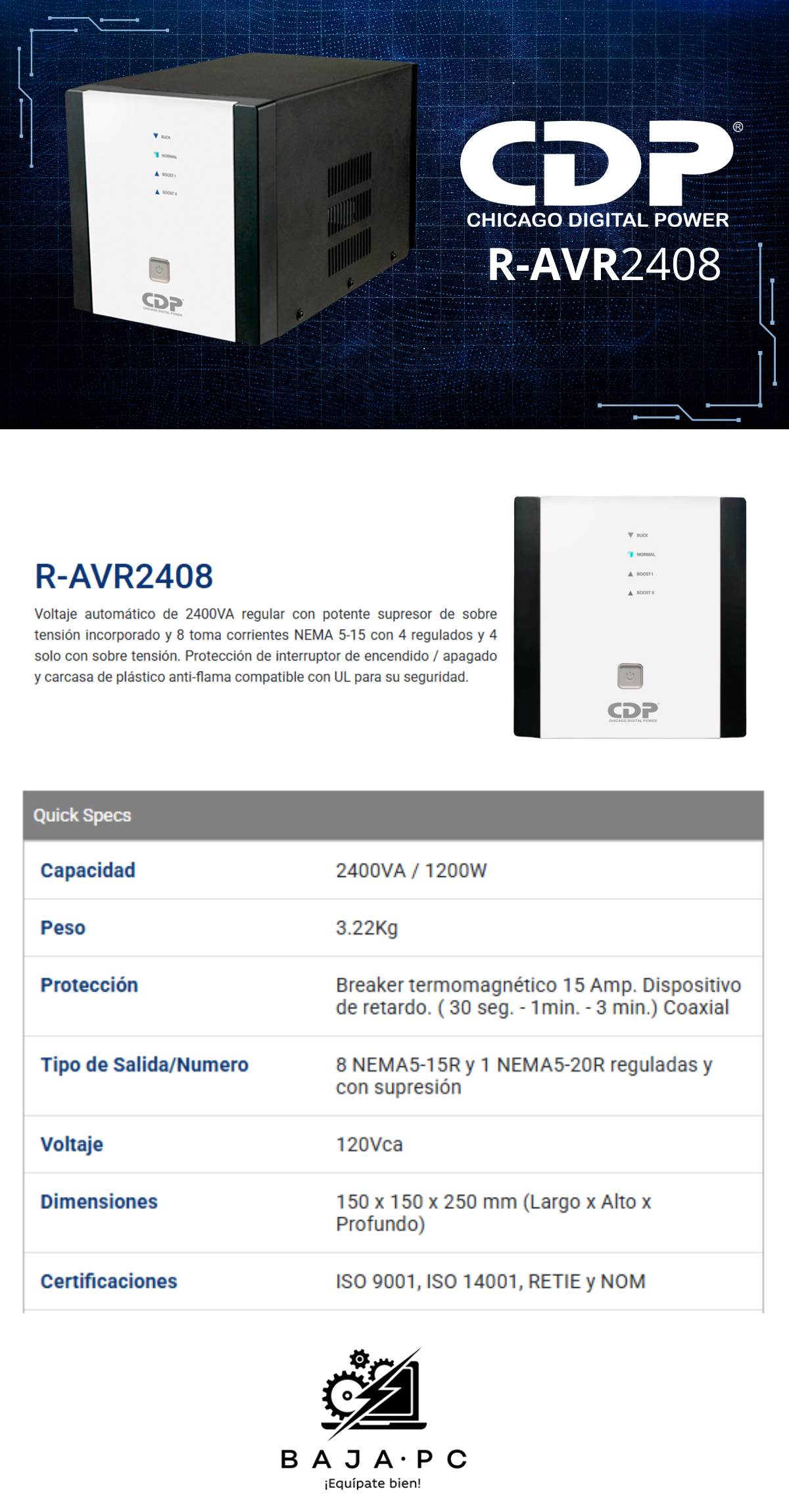 Regulador CDP R-AVR2408 / 1200W / 2400VA / 8 Contactos / R-AVR2408