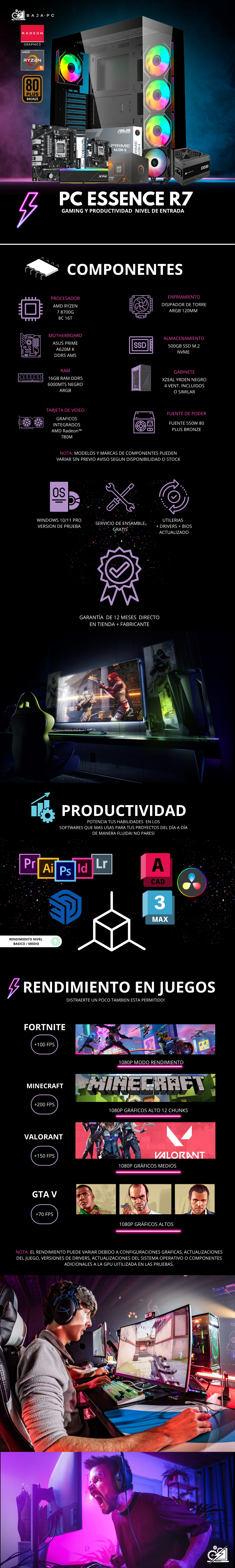 PC ESSENCE R7 / AMD RYZEN 7 8700G / RADEON 780M / 16GB RAM DDR5 / 500GB SSD NVME / DISIPADOR DE TORRE / FUENTE 550W 80+ BRONZE / W11 PRO / PROMOCION