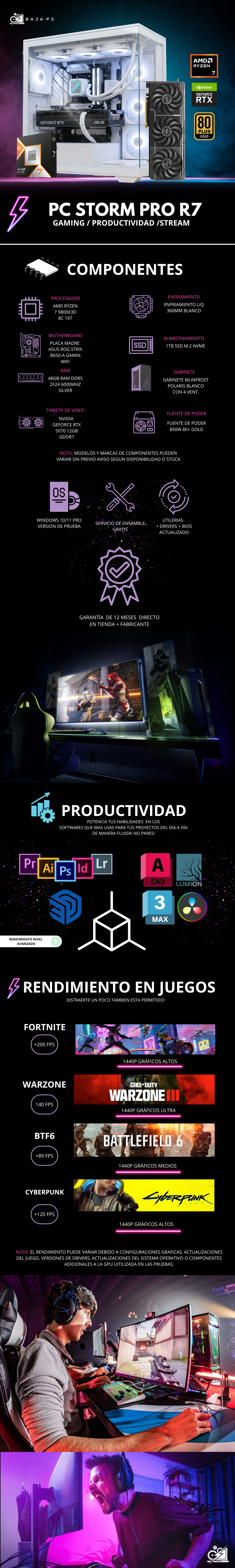 PC STORM PRO R7 / AMD RYZEN 7 9800X3D / RTX 5070 / 48GB RAM DDR5 / 1TB SSD NVME / 850W 80+ GOLD / B650 / ENFRIAMIENTO LIQ 360MM / W11 PRO / PROMOCION