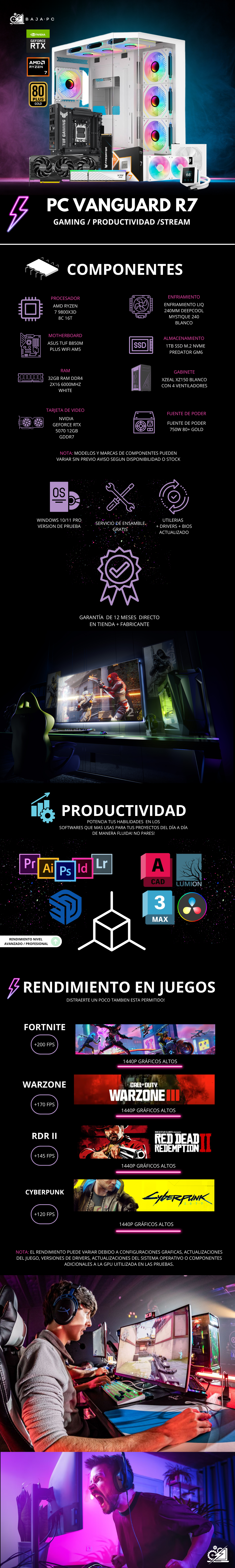 PC VANGUARD R7 / AMD RYZEN 7 9800X3D / RTX 5070 12GB VRAM / 32GB RAM DDR5 / 1TB SSD NVME / ENFRIAMIENTO LIQ 240MM / FUENTE 750W 80+ GOLD / PROMOCION