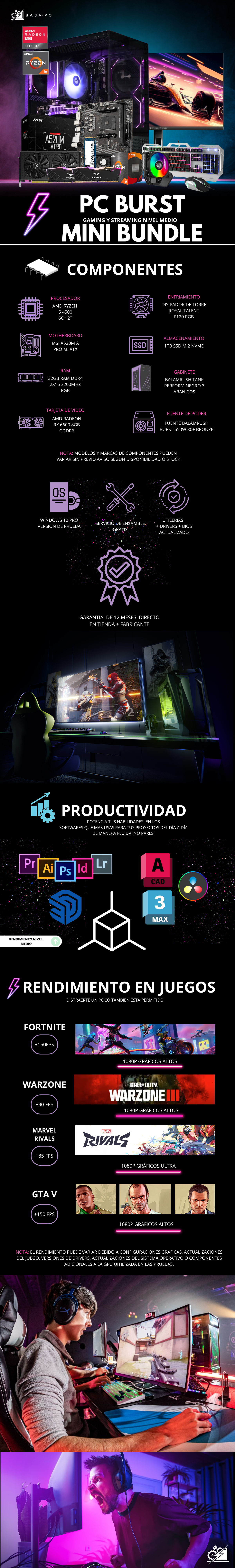 PC BURST MINI BUNDLE / AMD RYZEN 5 4500 / RADEON RX 6600 / 32GB RAM / 1TB SSD NVME / DISIPADOR DE TORRE / 550W 80+ BRONZE/ MONITOR 23.8" 165HZ 1MS / KIT TECLADO Y MOUSE / PROMOCIOIN