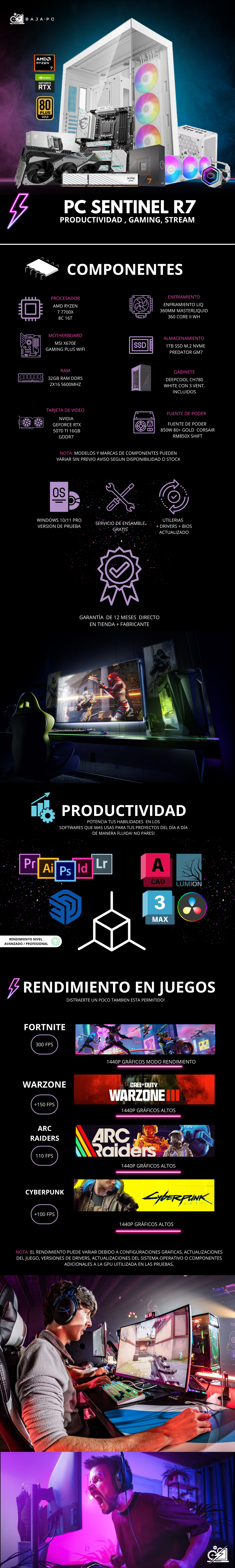 PC SENTINEL R7 / AMD RYZEN 7 7700X / RTX 5070 TI 16G / 32GB RAM DDR5 / 1TB SSD NVME / ENFRIAMIENTO LIQ 360MM / FUENTE 850W 80+ GOLD / W11 PRO / PROMOCION