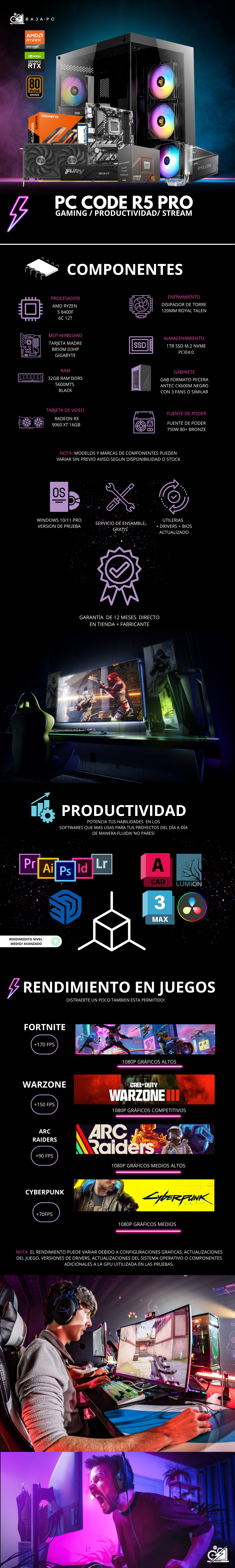 PC CODE R5 PRO / AMD RYZEN 5 8400F / RADEON RX 9060 XT 16G / 32GB RAM DDR5 / 1TB SSD NVME / DISIPADOR DE TORRE / FUENTE 750W 80+ BRONZE / W11 PRO / PROMOCION