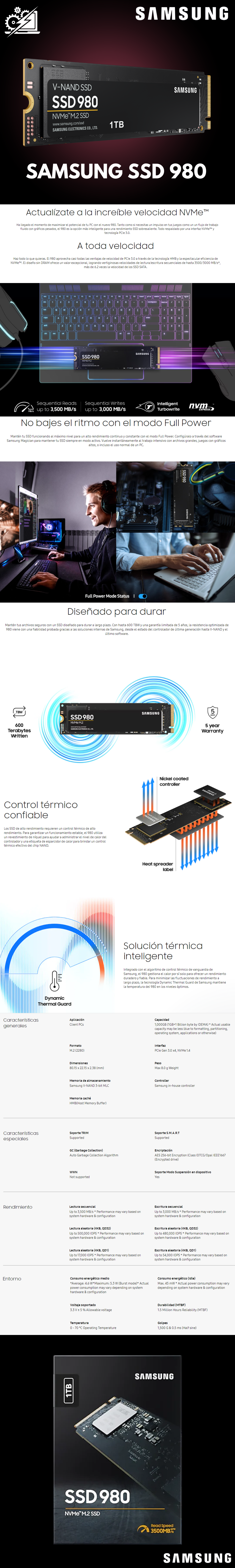 Unidad Unidad de estado solido SSD M.2 Nvme 1TB Samsung SSD 980 / MZ-V8V1T0B/AM