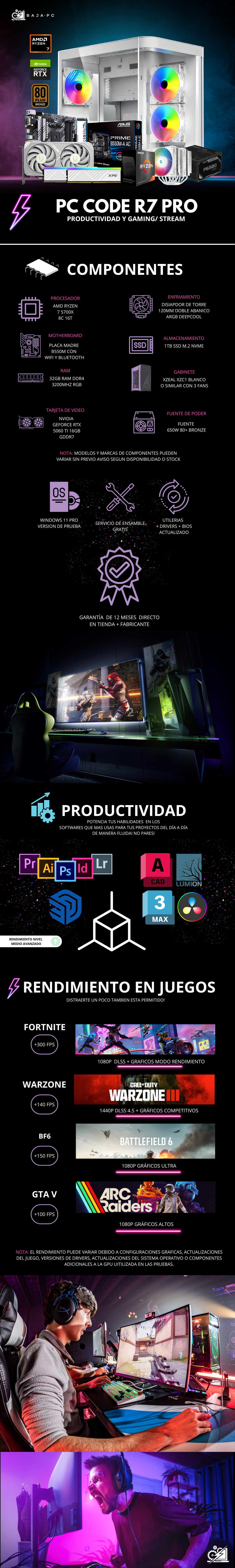 PC CODE R7 PRO / AMD RYZEN 7 5700X / RTX 5060 TI 16GB / 32GB RAM / 1TB SSD NVME / DISIPADOR DE TORRE DOBEL FAN / FUENTE 650W 80+ BRONZE / W11 PRO / PROMOCION 