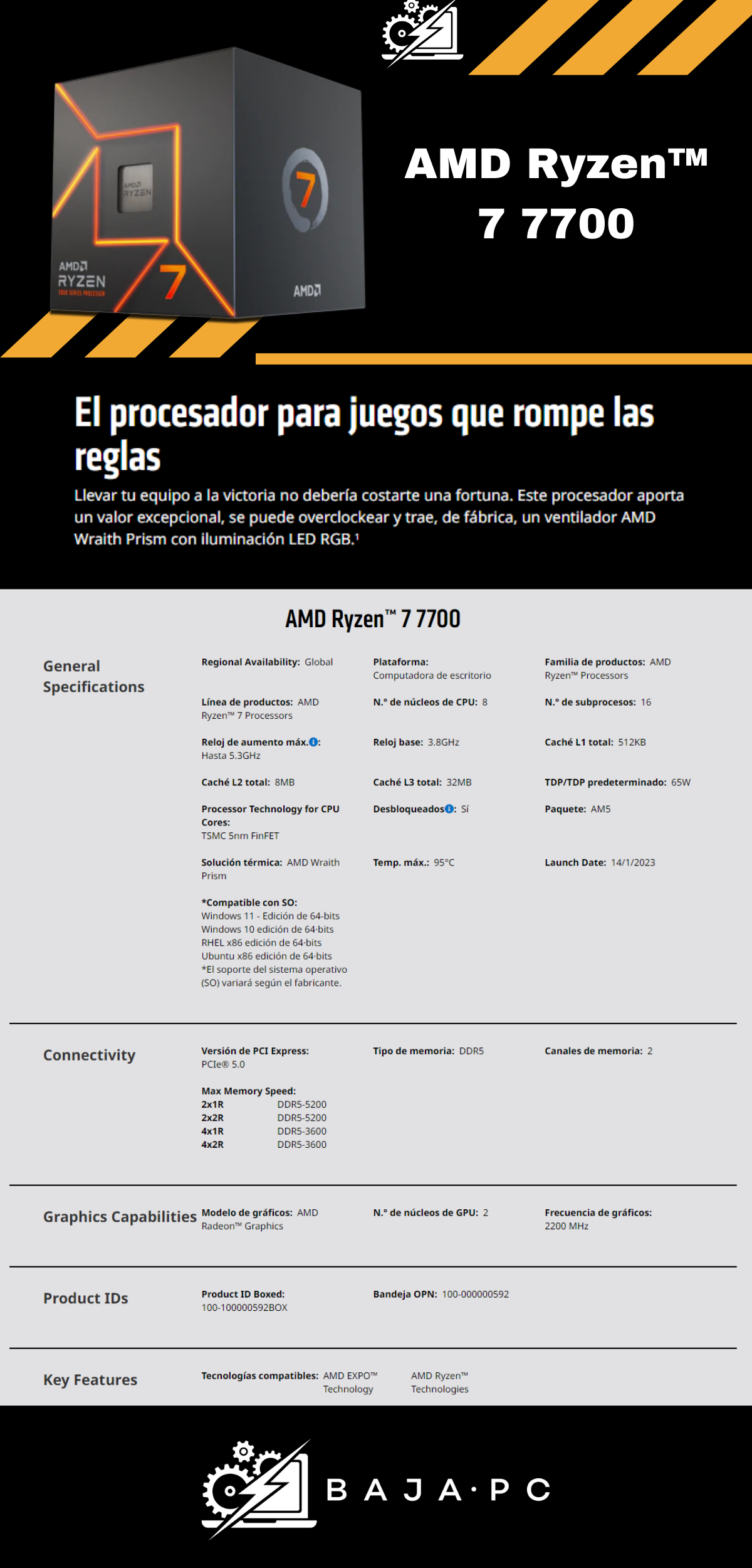 Procesador AMD RYZEN 7 7700 / 5.3 GHZ / 8 Núcleos / Socket AM5 / AMD Radeon™ Graphics / 100-100000592BOX / 7000 Series