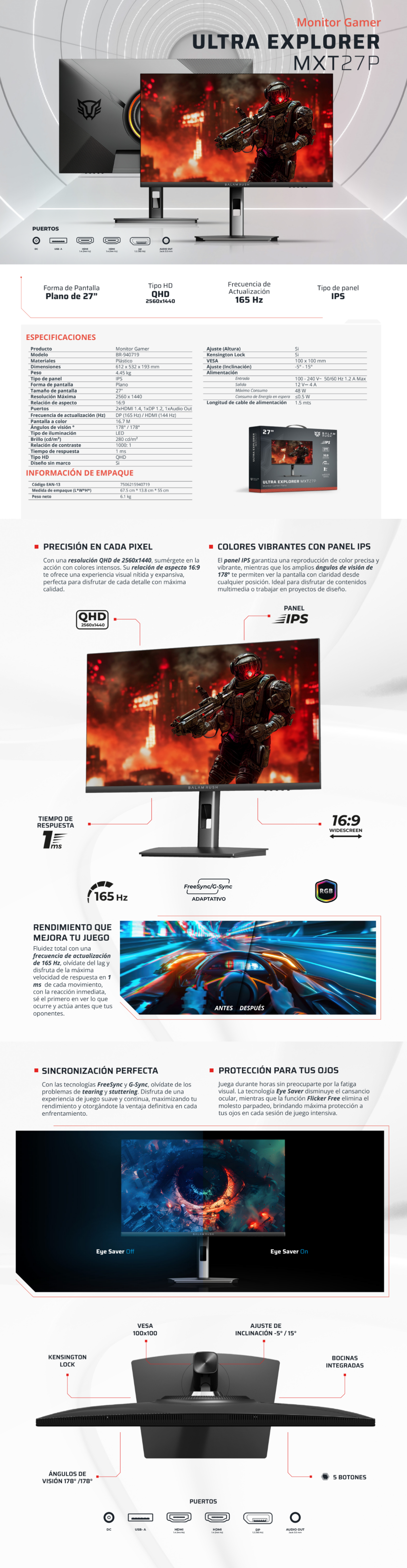 Monitor Gamer Balamrush Ultra Explorer MXT27P / Plano / 165HZ / 1MS / Gsync / Freesync / 27" FHD / Negro