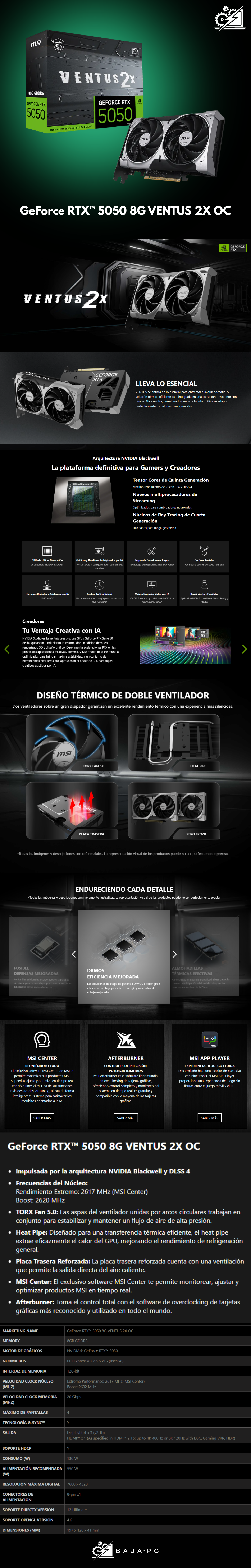 Tarjeta de Video MSI NVIDIA GeForce RTX 5050 VENTUS 2X OC / 8GB GDDR6 / 128-bit / PCI Express Gen 5 / Negro