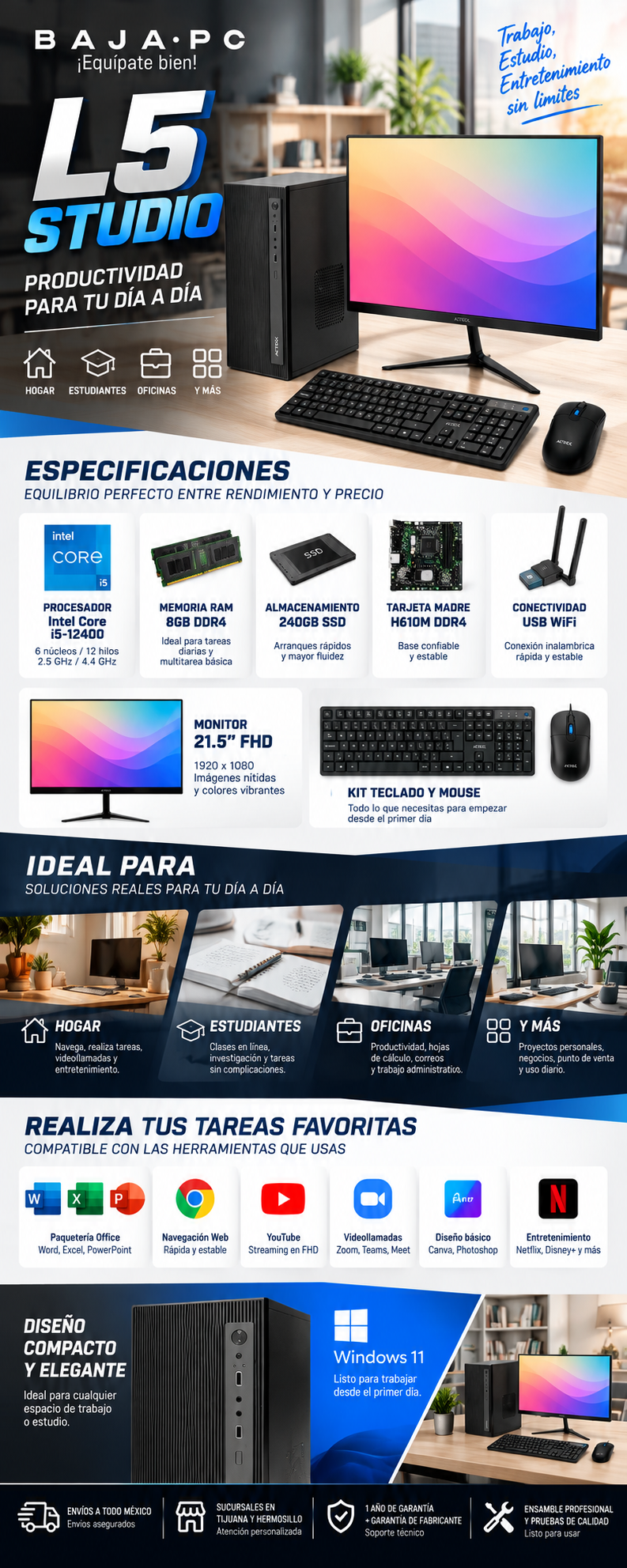 PC L5 STUDIO BUNDLE / INTEL CORE I5-12400 / 8GB RAM DDR4 / 240GB SSD / WIFI / MONITOR 21.5" FHD 75HZ / KIT TECLADO Y MOUSE / W11 PRO / PROMOCION