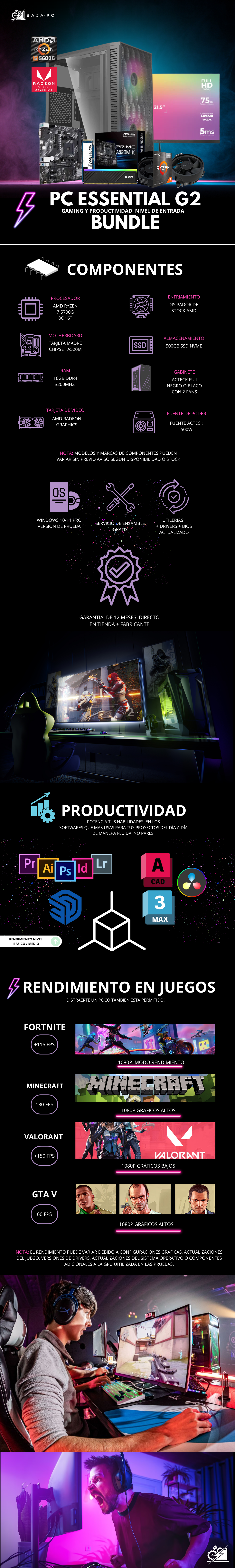 PC ESSENTIAL G2 BUNDLE / AMD RYZEN 7 5700G / RADEON VEGA 7 / 16GB RAM / 500GB SSD M.2 NVME / FUENTE 500W /INLCUYE MONITOR 21.5" FHD 75HZ / PROMOCION