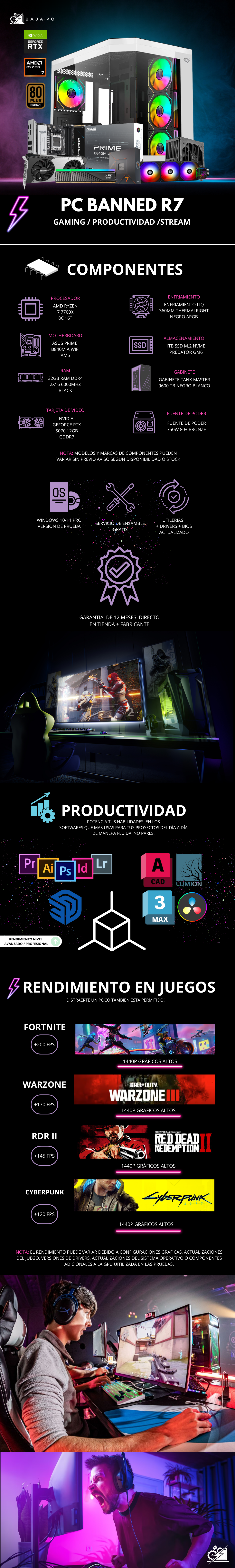 PC BANNED R7 / AMD RYZEN 7 7700X / RTX 5070 12GB VRAM / 32GB RAM DDR5 / 1TB SSD NVME / ENFRIAMIENTO LIQ 360MM / FUENTE 750W 80+ BRONZE / PROMOCION