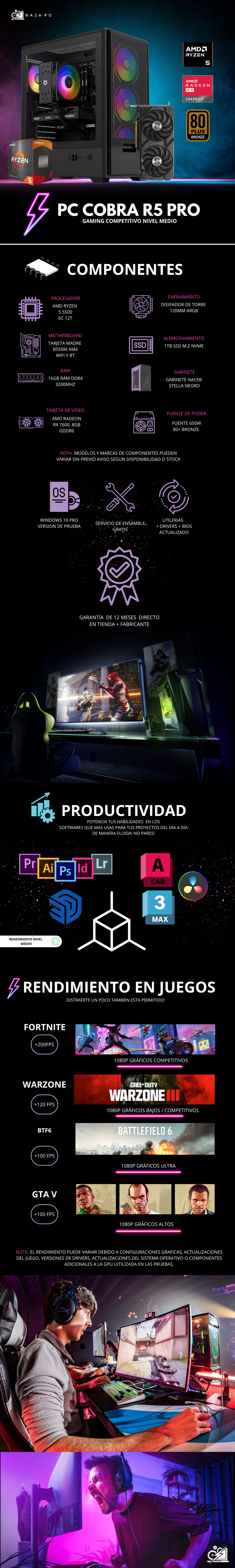PC COBRA PRO R5 / AMD RYZEN 5 5500 / RADEON RX 7600 / 16GB RAM / 1TB SSD NVME / DISIPADOR DE TORRE 120MM / FUENTE 650W 80+ BRONZE / W11 PRO/ PROMOCION